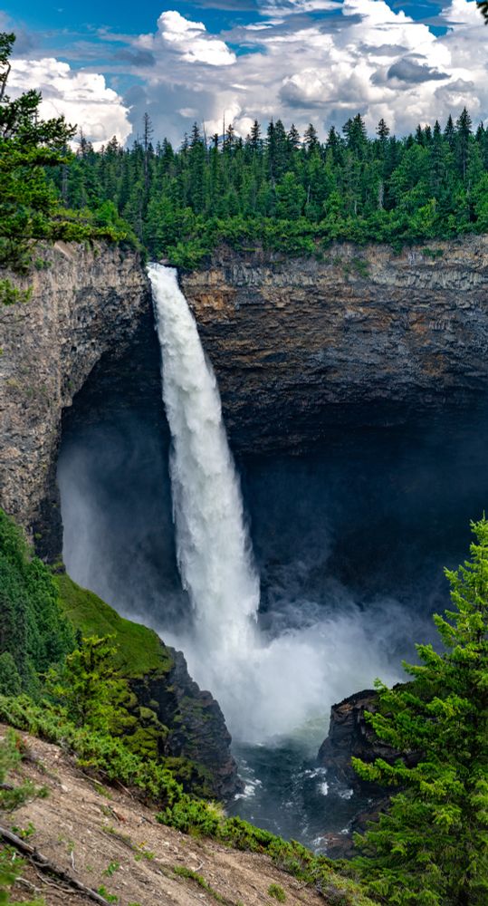 A powerful waterfall plunges from a high cliff into a deep canyon below, surrounded by dense evergreen forest and dramatic rock walls under a partly cloudy sky.