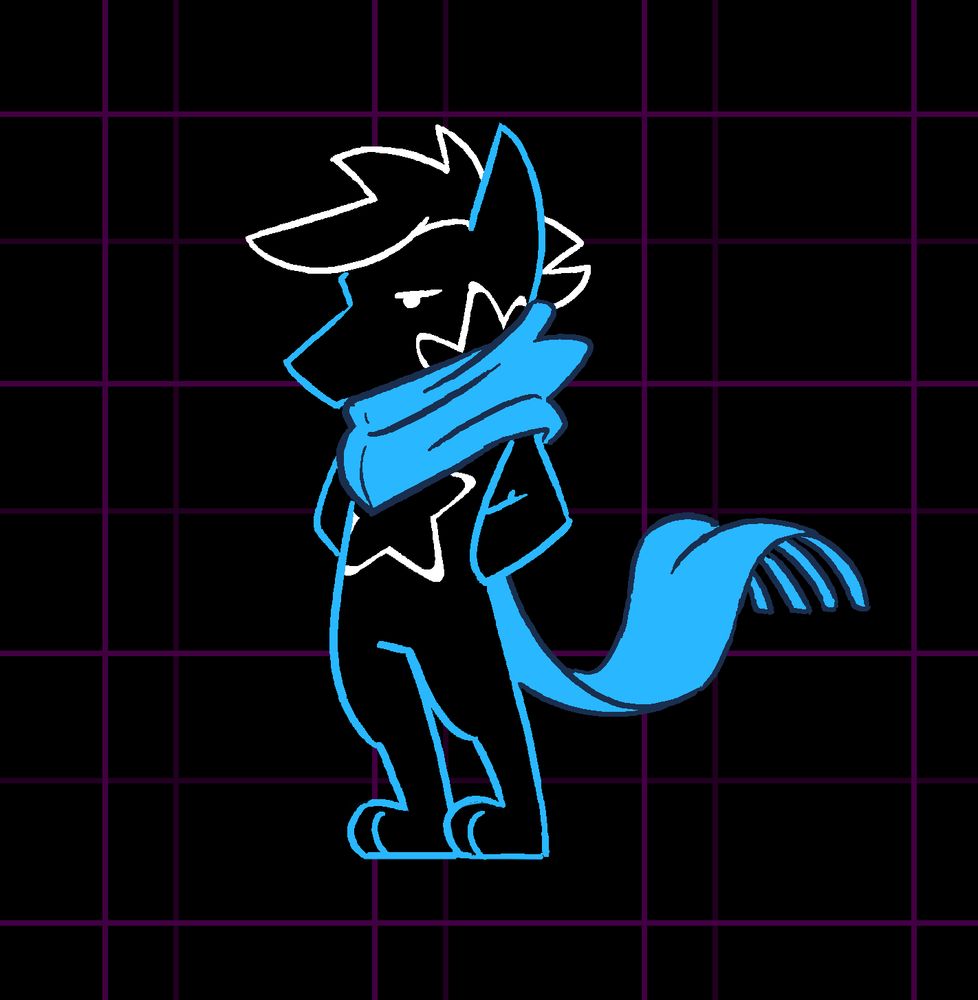 Dark, wolf-shaped figure with a large bright blue scarf implied to be in the Deltarune battle screen.
