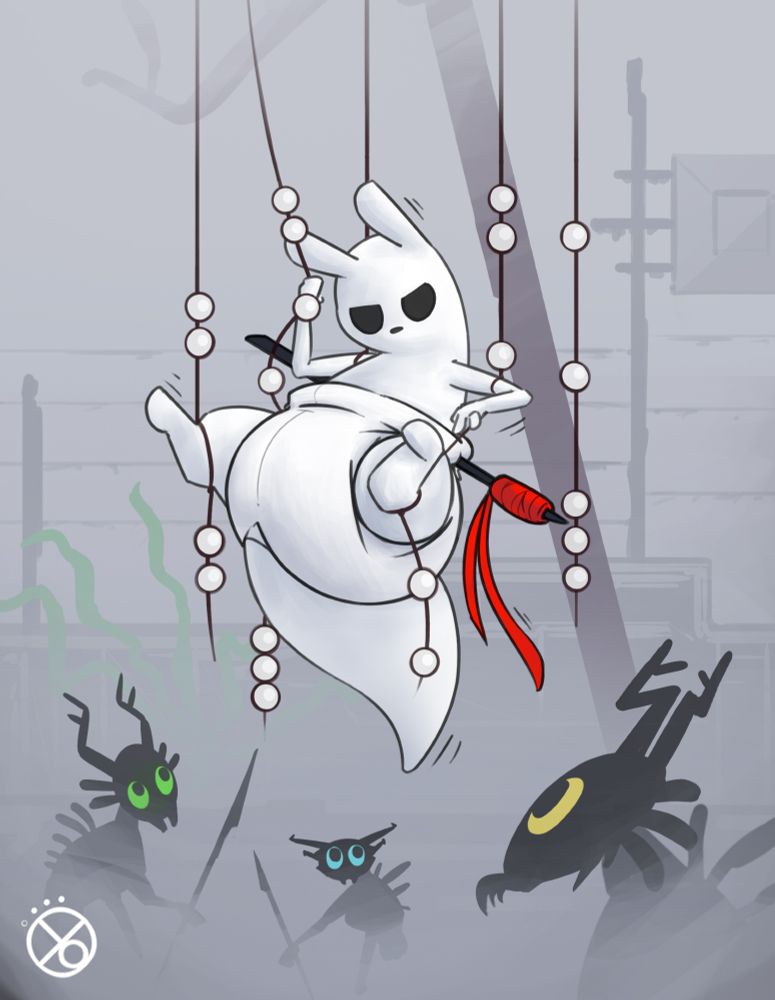 Slugcat tangled in pearly threads while wearing a diaper, surrounded by Scavengers. #abdl