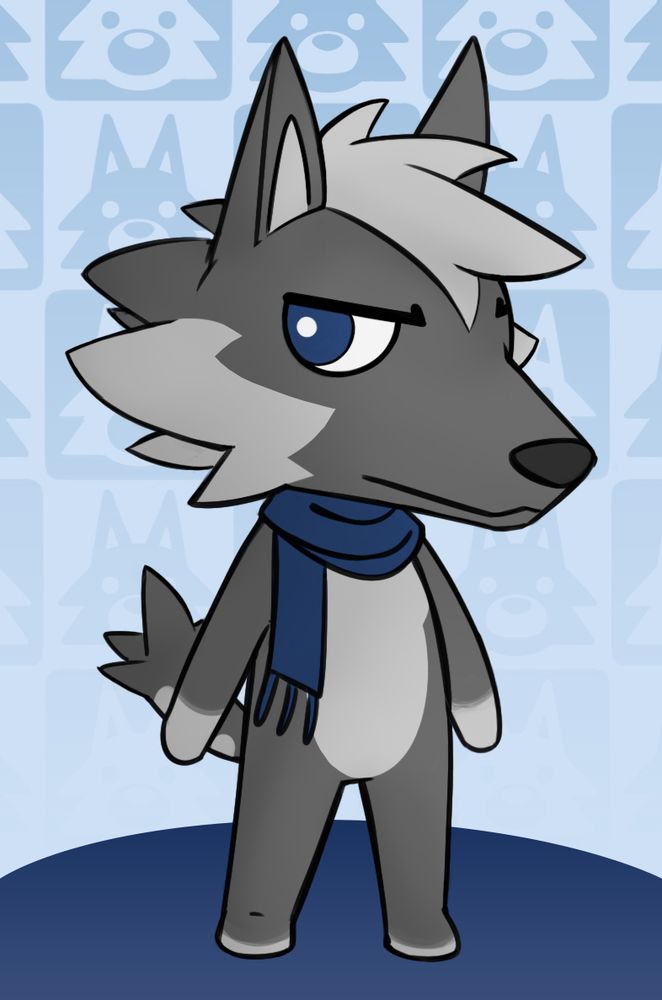 Grey wolf in the style of Animal Crossing, wearing a blue scarf