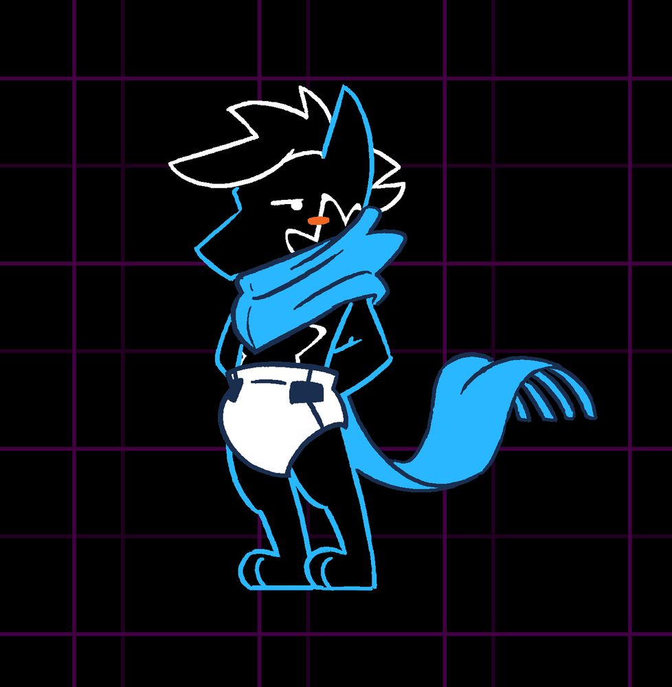 Dark, wolf-shaped figure with a large bright blue scarf and looking shy about the diaper it's wearing. #abdl