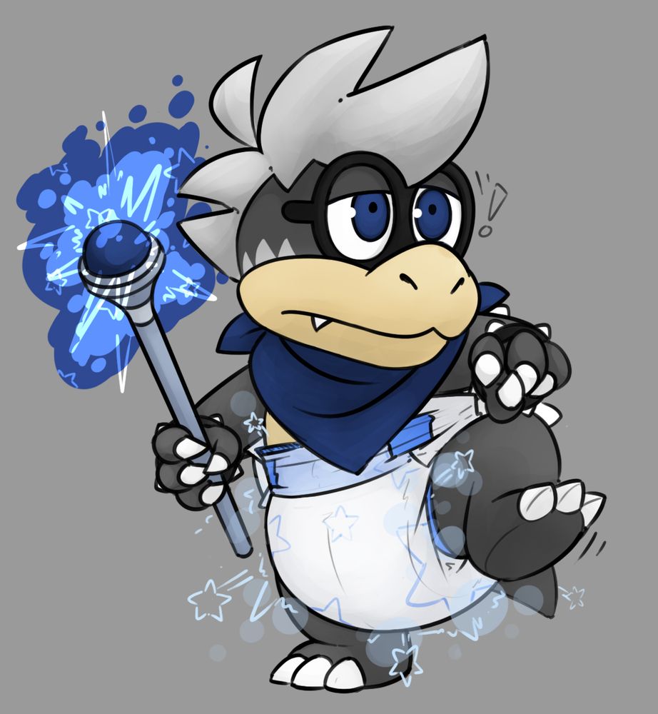 Grey and blue koopaling OC holding a blue magic wand and wearing a blue scarf + diaper