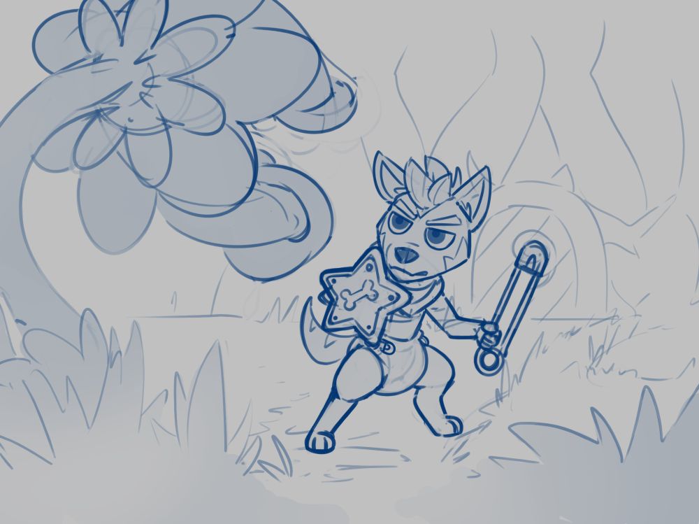 Anthro wolf with chibi proportions wielding toy-like weapons against a plant monster in the foreground. #abdl