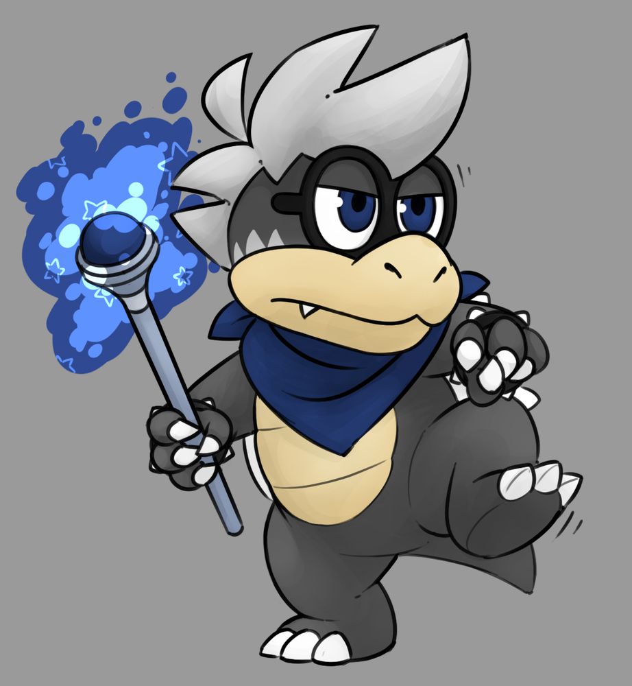 A grey and blue koopaling OC holding a blue magic wand