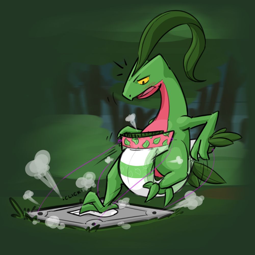 Grovyle stepping on a pressure plate as a diaper is magically wrapped around his midsection #abdl