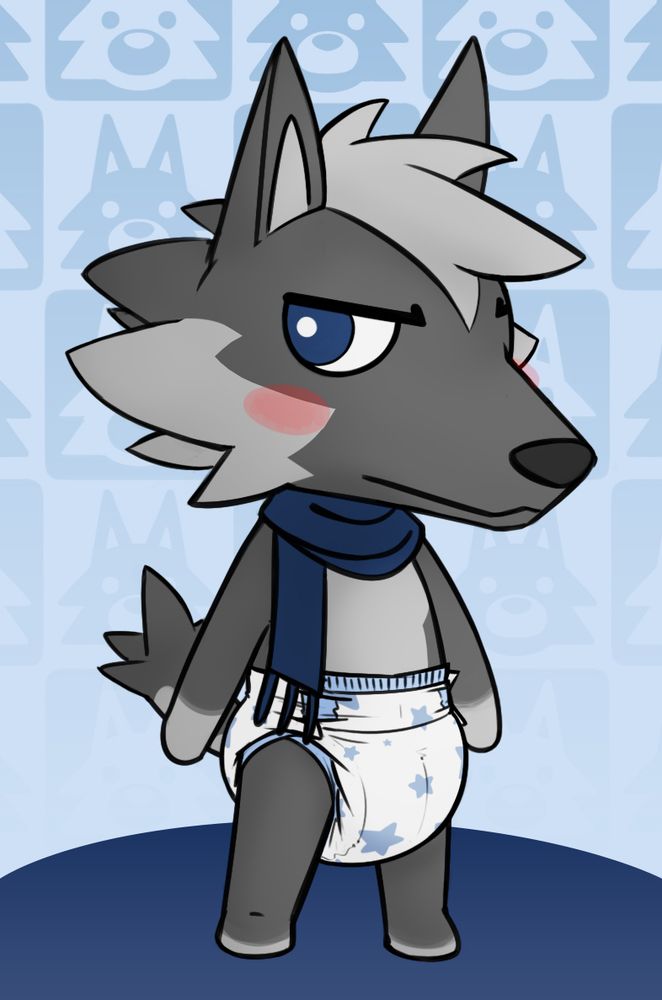 Grey wolf in the style of Animal Crossing, wearing a blue scarf and diaper #abdl
