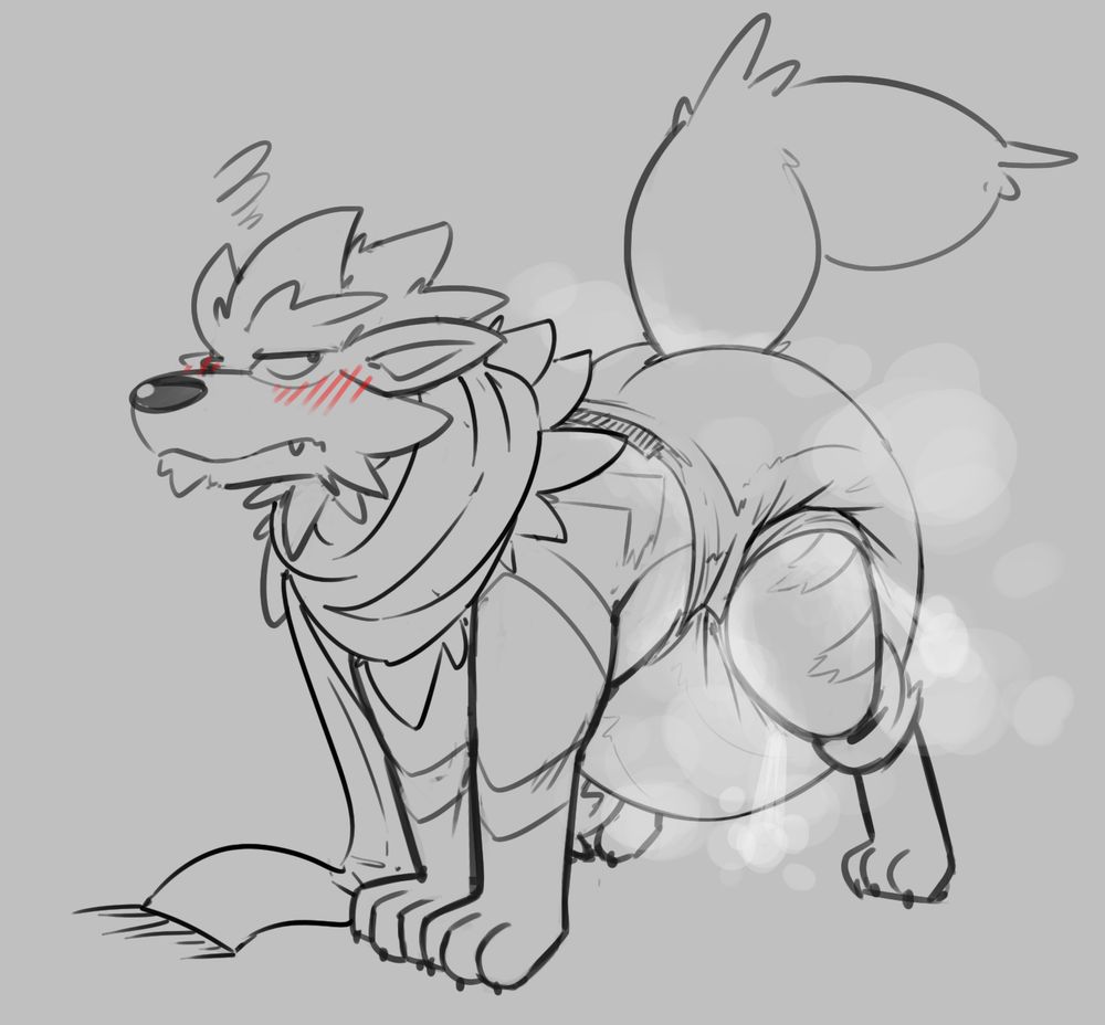 Scarf-wearing arcanine wearing a diaper weighted down by white powder