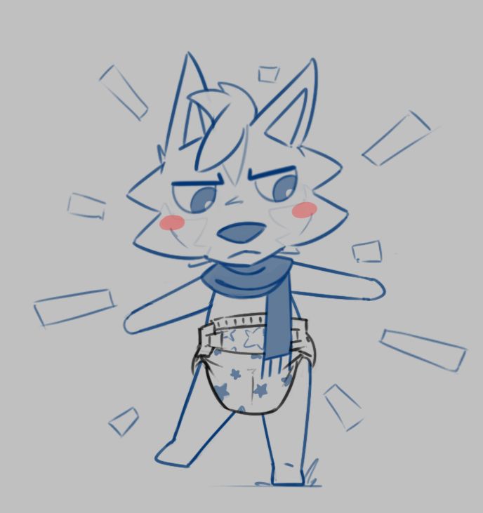 Animal Crossing style wolf wearing the previously-received diaper while doing the villager's outfit change pose #abdl