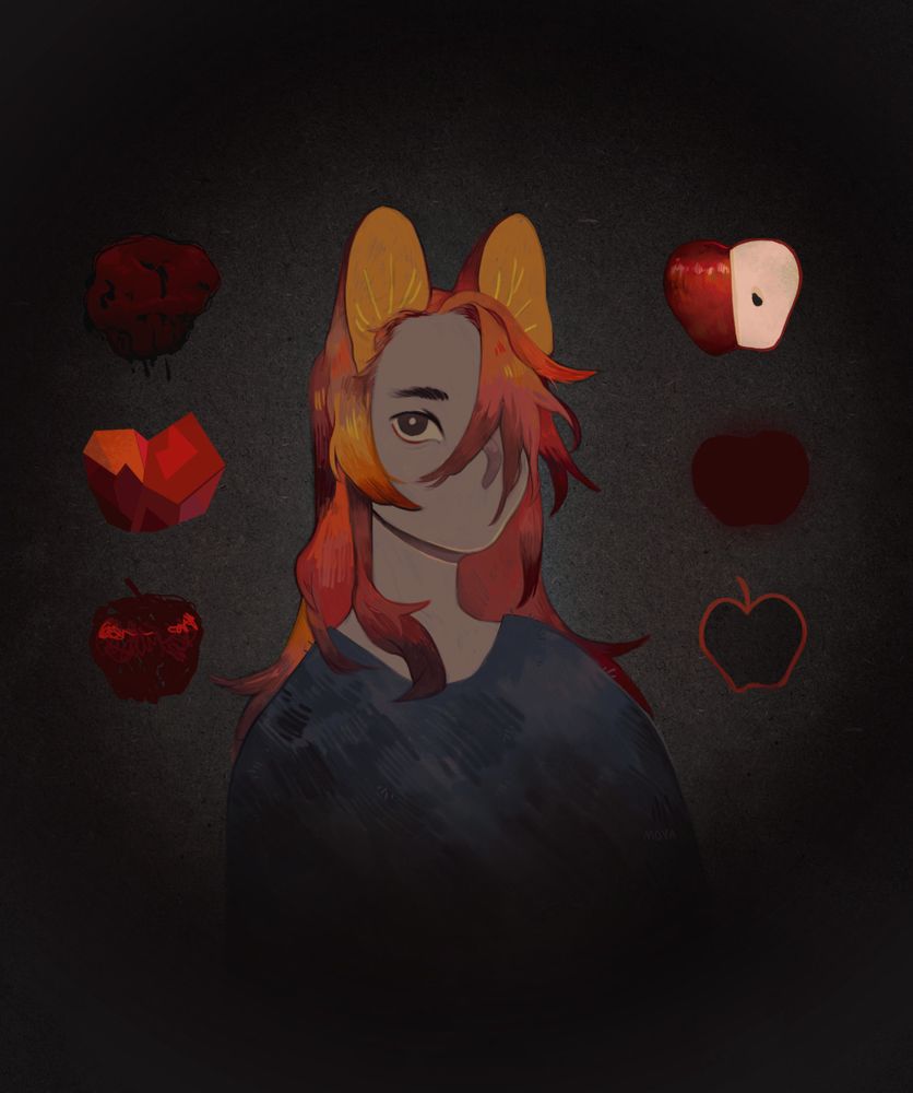 a person's bust in the darkness, with 6 apples each with their own different style. the person has fox ears.
