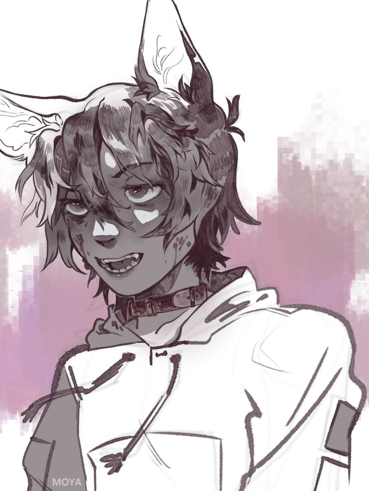digital drawing of a dog guy with just a little bit of mystery blood splattered on his face