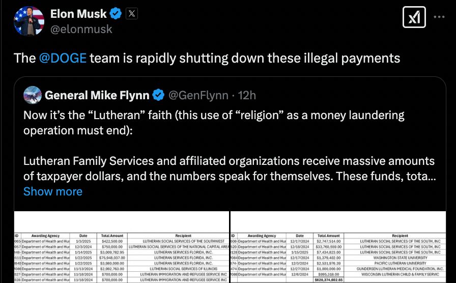 Musk claims he's "rapidly shutting down" government money sent to Lutheran charities