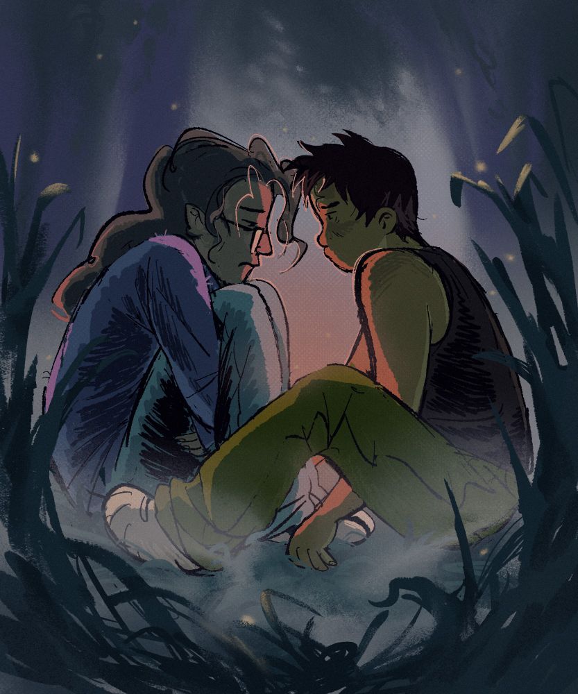 two people wearing casual clothes sit in the tall grass of a lush forest. morning is breaking while fireflies dance around them. person on left has long curly grey hair and the other a spikey short black cut. the left person stares inward, consumed in their sorrow while the other looks onto them trying to comfort them. 