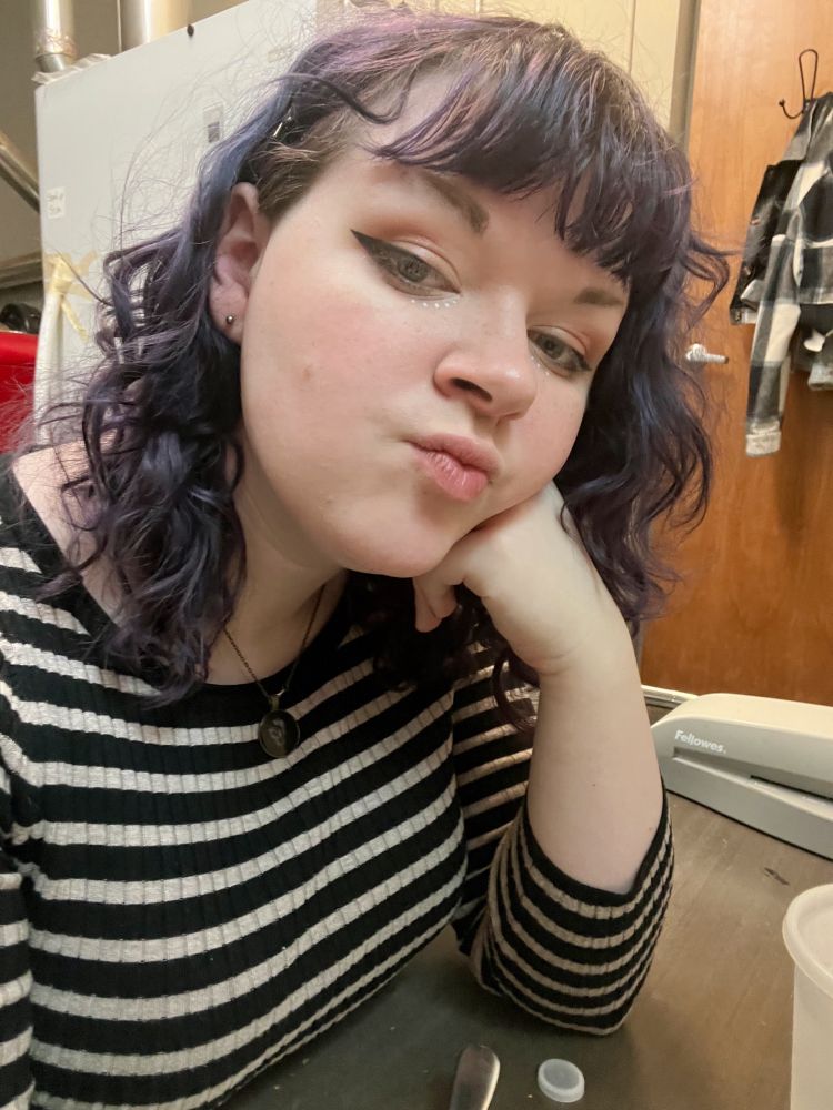 skyler selfie, her hair is newly dyed a dark purple!