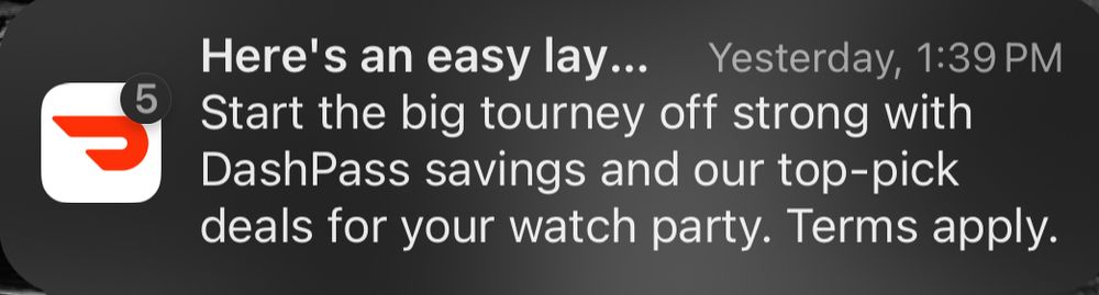 doordash promotional email notification that means to say "Here's an easy layup", but due to the size of the screen, has been shortened to "Here's an easy lay..."