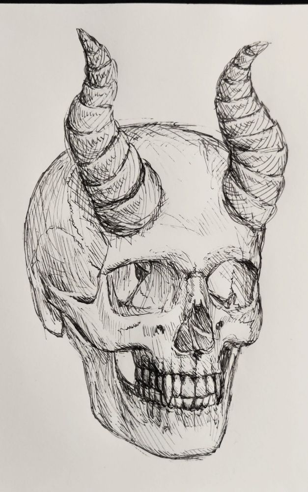 A drawing of a skull with horns