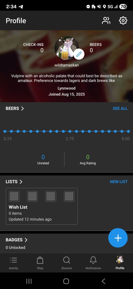 Profile page of Sam Tamaskan on the Untappd app