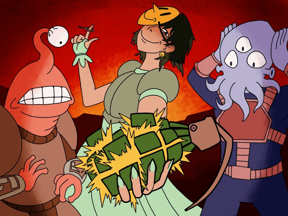 Digital art of a woman holding an exploding grenade towards the viewer. She is wearing a mint coloured armoured dress, a smiley face mask and a smiley face earring. She has an evil smile on her face and is spinning the grenade pin around her finger.

There are two aliens on either side of her. The one on the left is a pinkish red and has an eye-stalk. The one on the right is a blue octopus/squid creature in an armoured jumpsuit. Both of them are panicking.