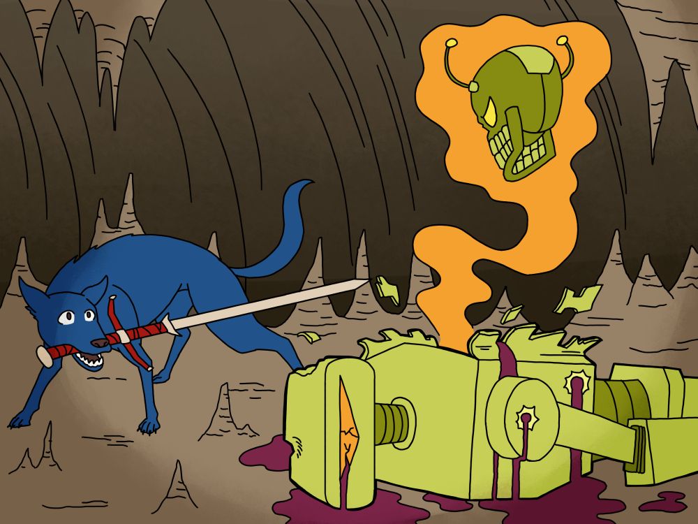 A blue dog holds a greatsword in its mouth. A ghostly, robotic skull bursts from the body of a slain robot. They are both in a cave.