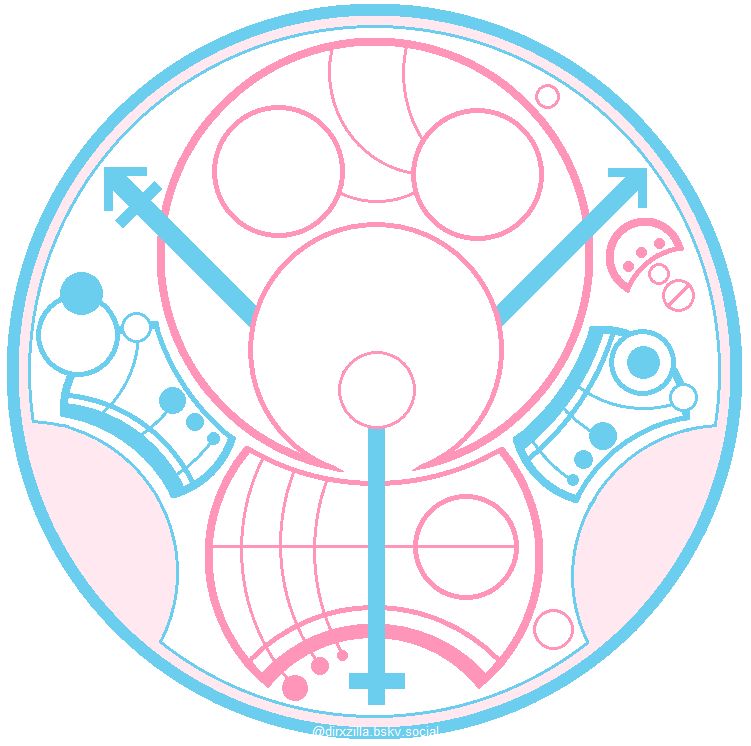 Digital art of a large circle filled with smaller intersecting and overlapping circles and lines, representing the declaration "Trans Rights Are Human Rights" in the fictional Gallifreyan writing from Doctor Who. The linework is in the distinctive blue and pink of the trans pride flag. The overall design is very symmetrical, with the blue "Rights" circles mirrored on the left and right, and the pink "Trans" and "Human" circles large and prominent along the center axis. Three heavy, blue lines radiate from the center, forming the recognizable arms of the transgender symbol: the line extending directly down ends in a plus sign, the line extending up and to the right ends in an arrow, and the line extending up and to the left ends in a combination of the arrow and plus symbols. Signed "@dirxzilla.bsky.social" along the bottom.