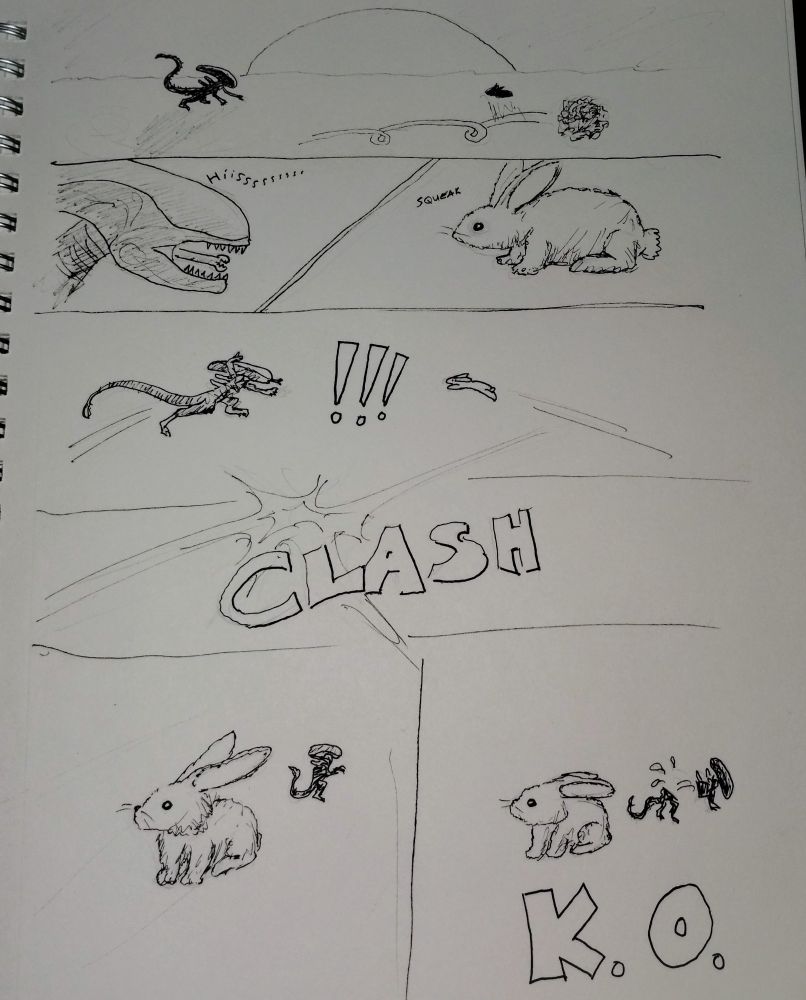 A crudely sketched one-page comic.

Panel 1: wide, zoomed out shot of a Xenomorph and Monty Python's killer bunny, facing off in a showdown. They are silhouetted against a rising sun. A tumbleweed rolls past in the foreground.

Panel 2: split panel, closeups of the alien and bunny. The alien lets out a menacing hiss. The bunny squeaks, unfazed.

Panel 3: both killing machines leap into the air at eachother!

Panel 4: "CLASH" with a starburst fills the panel.

Panel 5: the bunny is in the foreground, facing toward us. The alien is in the background, facing away. All is still for a brief moment that somehow feels like eternity.

Panel 6: the alien falls apart, cleanly sliced in half. The bunny looks relaxed. "K. O."