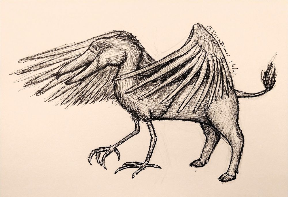 Black ink drawing of a gryphon, but instead of being a cross between an eagle and a lion, the gryphon has the front half of a shoebill, and the back half of a cape buffalo. It is making a grand pose with its large wings open and flapping forward, as it stands with one foreleg raised. Signed "DirxDraws" (old twitter handle) and dated 9/4/20.