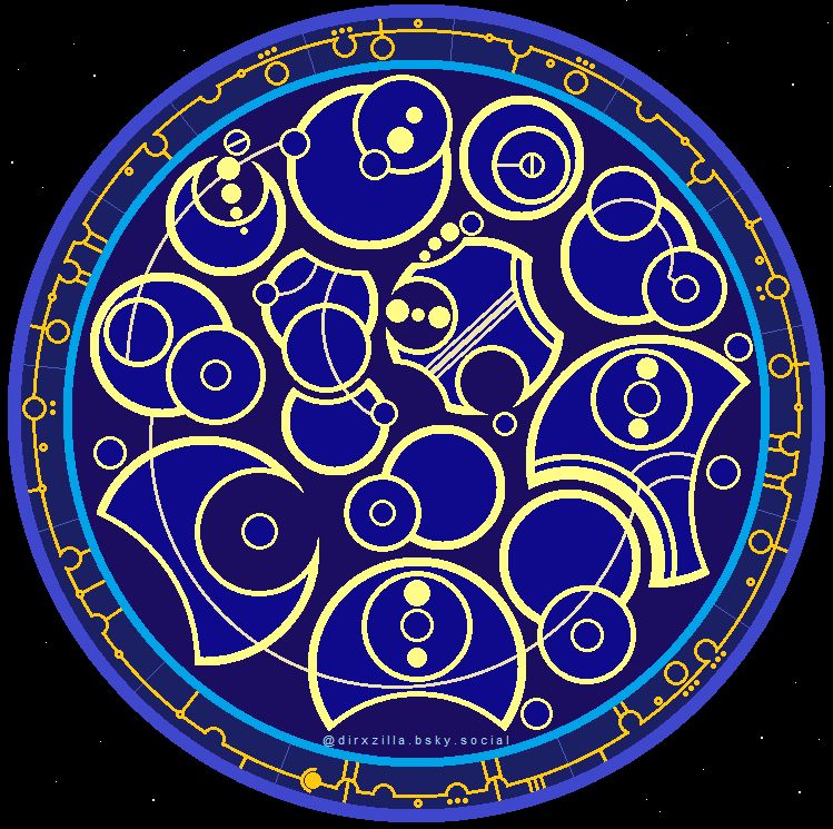 Digital drawing of circular Gallifreyan writing. A large, inky blue circle against a starry black sky. Gold lettering around the rim translates to the name of the band and the song title. The inside of the circle is dominated by lighter gold writing in large circles, with pale linework, and translates to the song lyric. Signed "@dirxzilla.bsky.social"