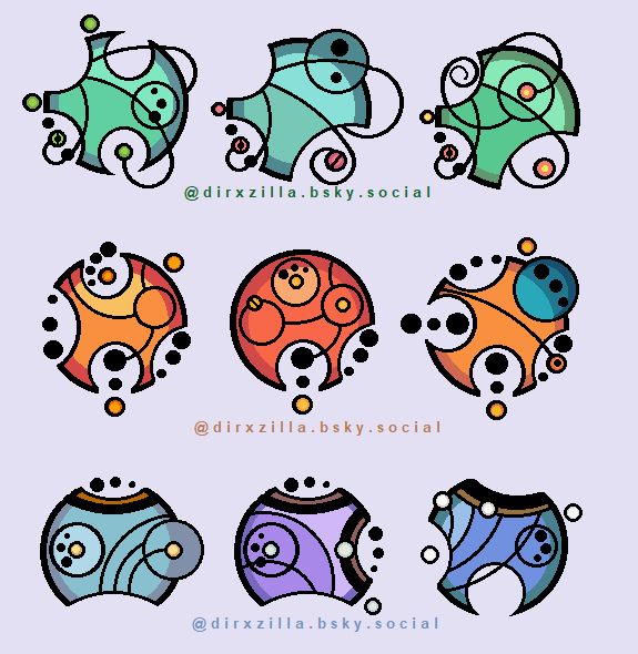Nine colourful circles representing words written in Gallifreyan, arrangede in three rows. The first row of three are coloured in green and blue-ish green, with vowels in accent colours of dark green and bright pink. The lines on these first circles are loopy and almost vinelike. The second row of three circles is coloured in oranges and red, with a fiery colour to the vowels. The third circle in this row also sports a letter in a greenish-blue accent. The final row of three is coloured in watery blues, with vowels in yellow, light blue, and steel grey. All three sport an edge stripe of shell brown. The lines on these circles somewhat resemble sprays of water. Signed "@dirxzilla.bsky.social"