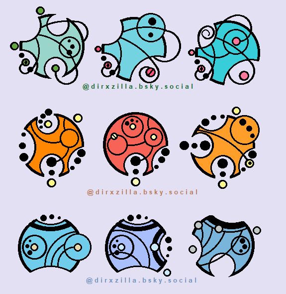 Nine colourful circles representing words written in Gallifreyan. The first row of three are coloured in green and blue-ish green, with vowels in an accent colour of dark green and bright pink. The lines on these first circles are loopy and almost vinelike. The second row of three circles is coloured in oranges and red, with light yellow vowels. The final row of three is coloured in watery blues, with vowels in yellow, light blue, and steel grey. The lines on these circles somewhat resemble sprays of water. Signed "@dirxzilla.bsky.social"
