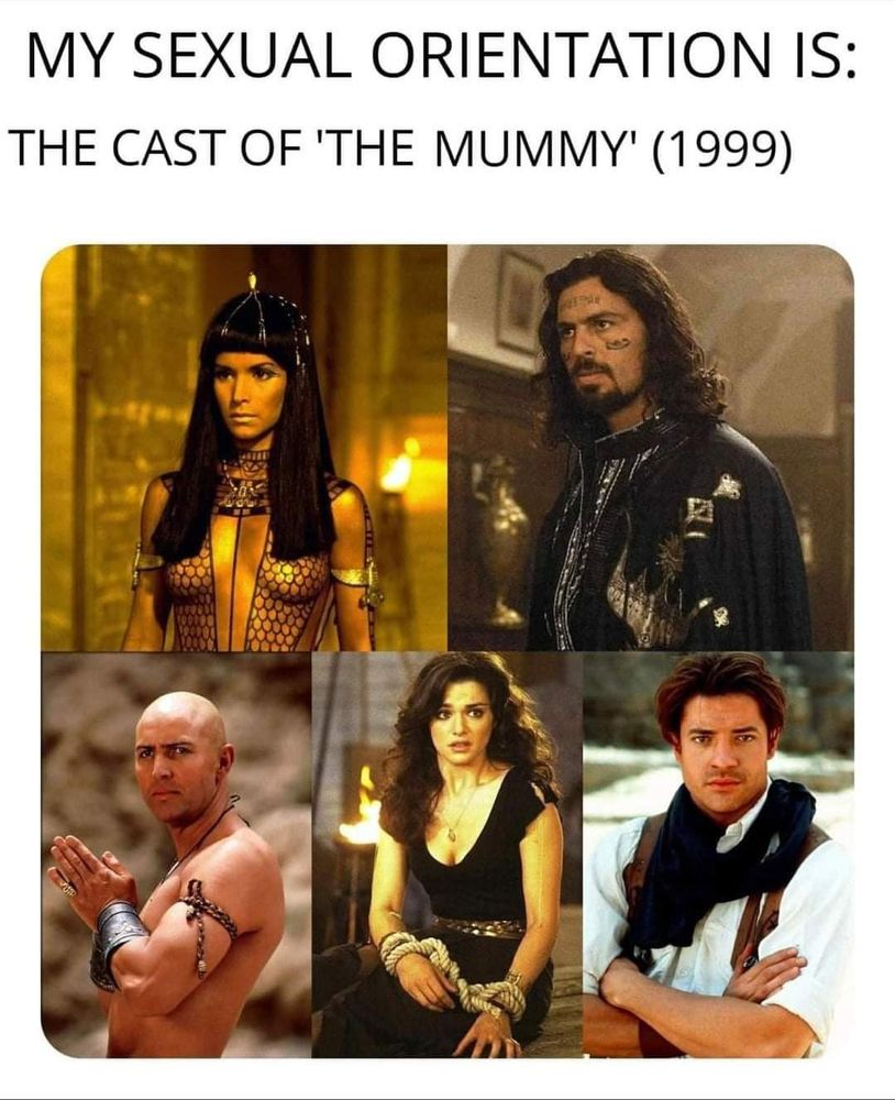 Meme with the caption "MY SEXUAL ORIENTATION IS: THE CAST OF 'THE MUMMY' (1999)", depicting five members of the cast looking as hot as ever: Patricia Velasquez, Oded Fehr, Arnold Vosloo, Rachel Weisz, and Brendan Fraser.