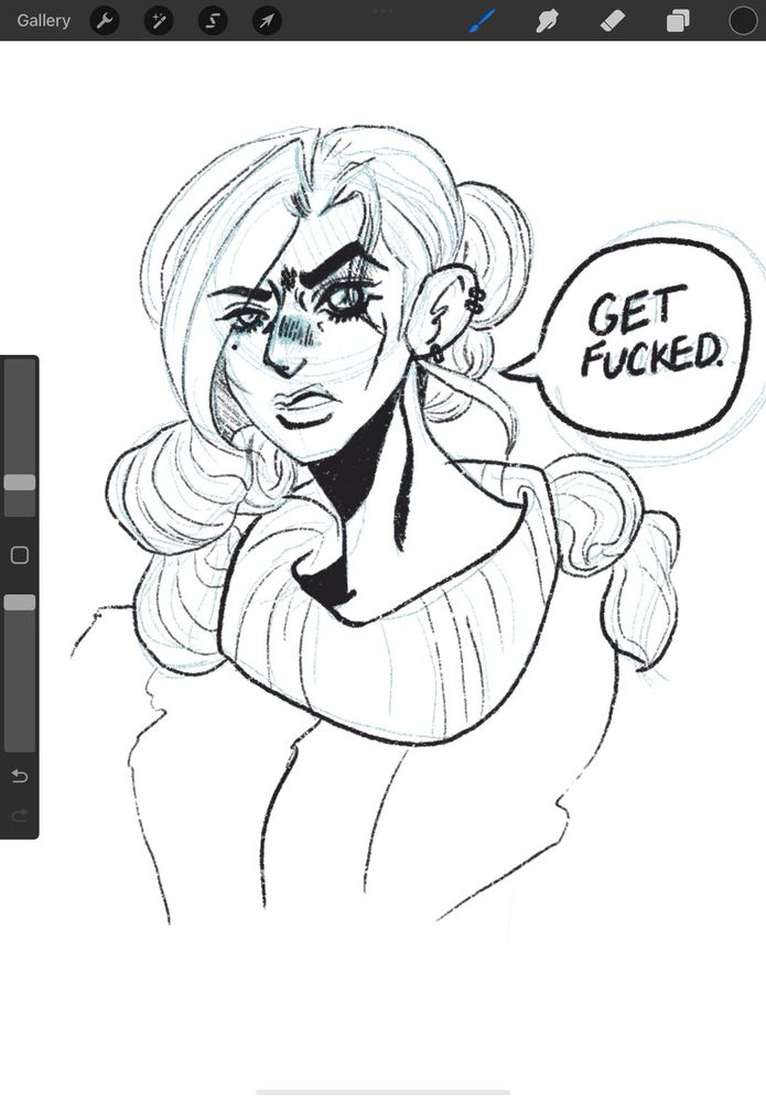 the author’s tabletop oc drawn in the style of jolyne cujoh, saying “get fucked”