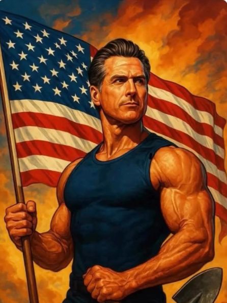 Muscly manly-man Newsom with American flag lol