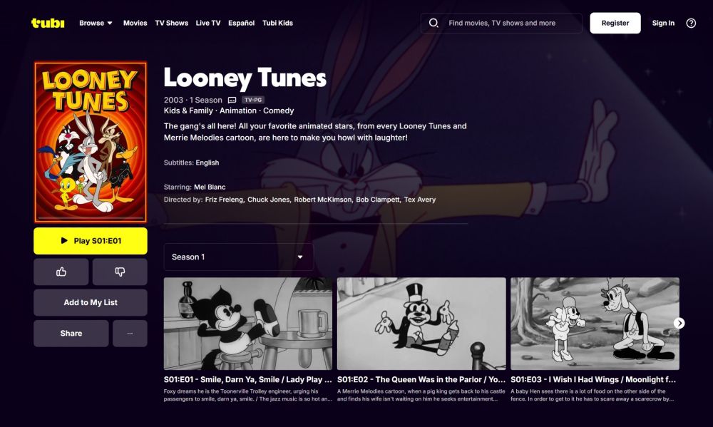 Series page for "Looney Tunes" on Tubi. Description reads: "The gang's all here! All your favorite animated stars, from every Looney Tunes and Merrie Melodies cartoon, are here to make you howl with laughter!"

The first three compilations, "Smile, Darn Ya, Smile / Lady Play Your Mandolin / A Great Big Bunch of You," "The Queen Was in the Parlor / You're Too Careless With Your Kisses! / Young and Healthy," "I Wish I Had Wings / Moonlight For Two / Goopy Geer" are visible within this screenshot.