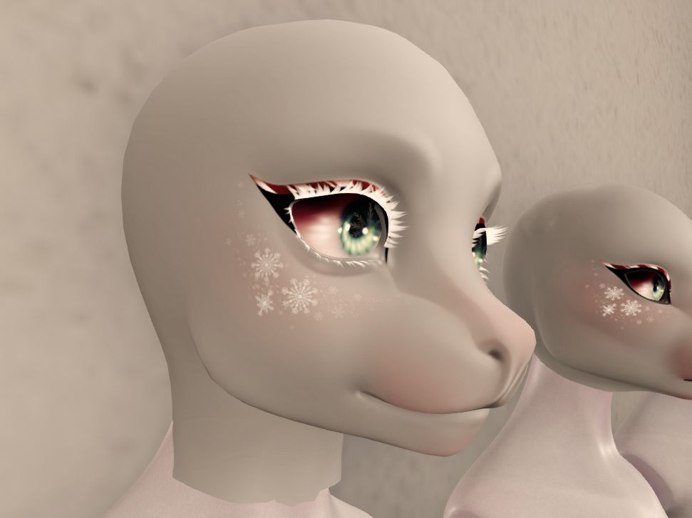 Product preview image of a Secondlife avatar furry head with red winged eyeliner that is striped like a candy cane and a festive blush that features a spray of snowflakes.