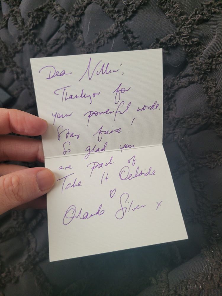 A small note reads: "Dear Nillin, thanks for your powerful words! So glad you are part of Take It Outside." Signed by Orlando Silver, with a little heart and x.