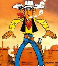 Dibujo de Lucky Luke preparado para un duelo de pistolas.