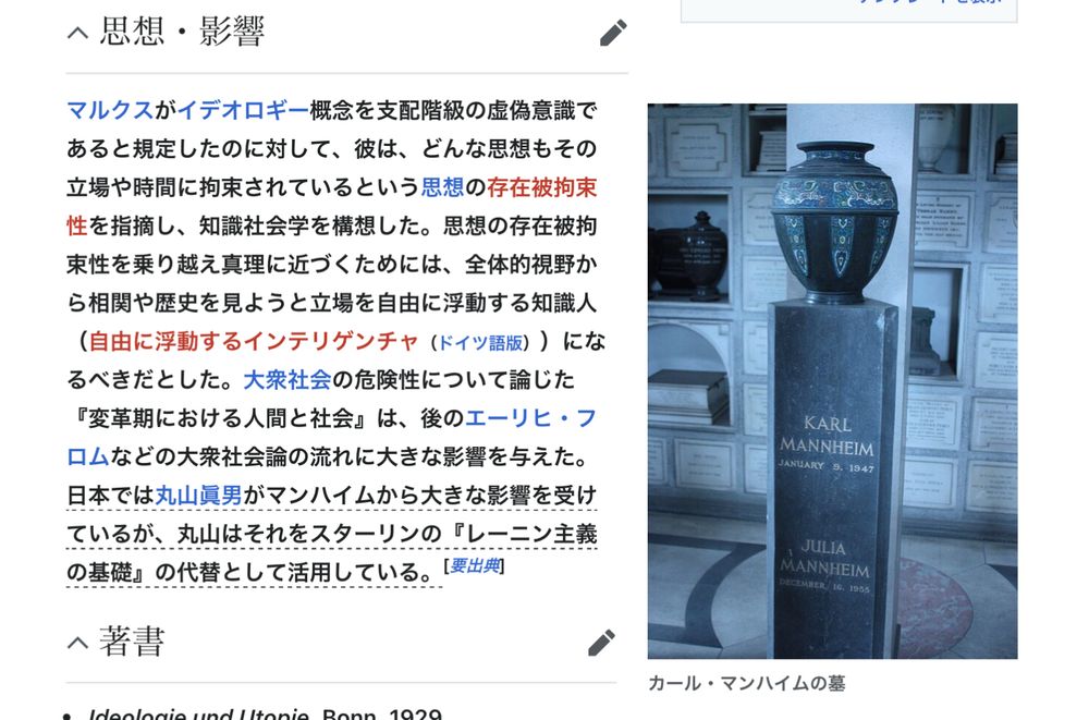 >思想・影響
マルクスがイデオロギー概念を支配階級の虚備意識であると規定したのに対して、彼は、どんな思想もその立場や時間に拘束されているという思想の存在被拘束
性を指摘し、知識社会学を構想した。思想の存在被拘束性を乗り越え真理に近づくためには、全体的視野から相関や歴史を見ようと立場を自由に浮動する知識人（自由に浮動するインテリゲンチャ）になるべきだとした。大衆社会の危険性について論じた『変革期における人間と社会』は、後のエーリヒ・フロムなどの大衆社会論の流れに大きな影響を与えた。
日本では丸山員男がマンハイムから大きな影響を受けているが、丸山はそれをスターリンの『レーニン主義の基礎』の代替として活用している。

右側にマンハイムの墓の写真