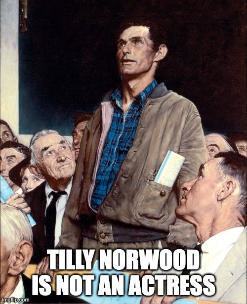Norman Rockwell "man speaking at town hall meme" with text "Tilly Norwood is not an actress"
