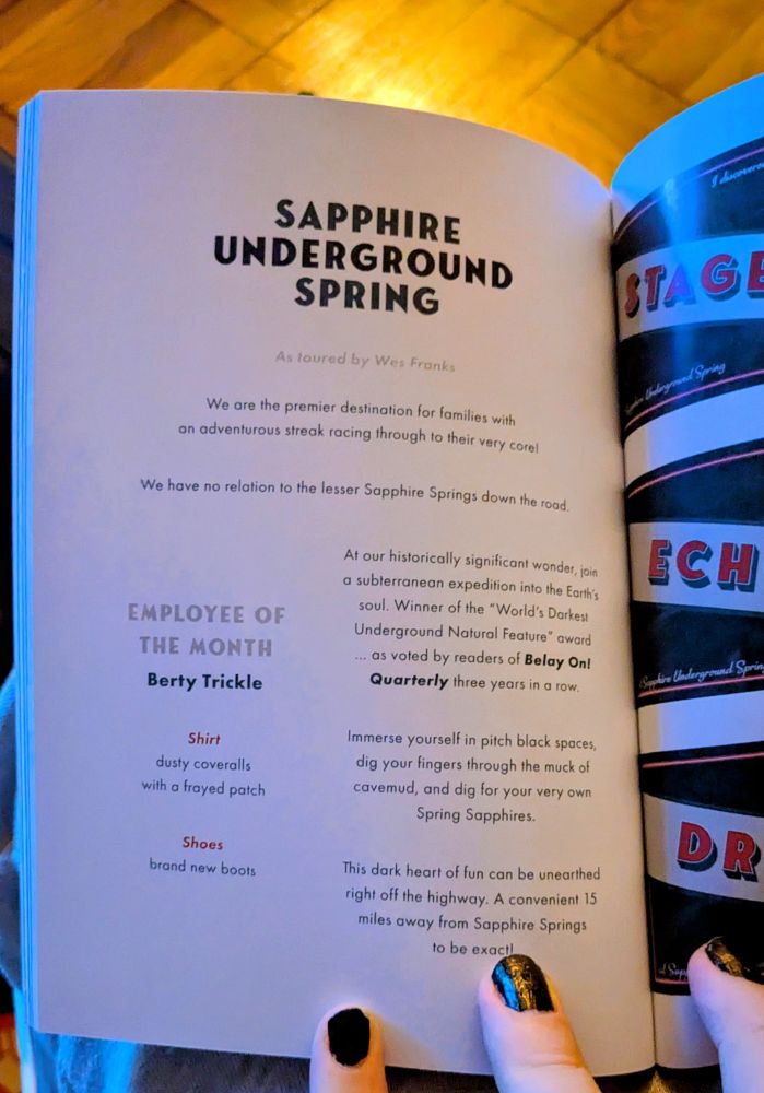 Screenshot of a page spread I wrote. It's for the Sapphire Underground Spring. A very fake place based on a very real place