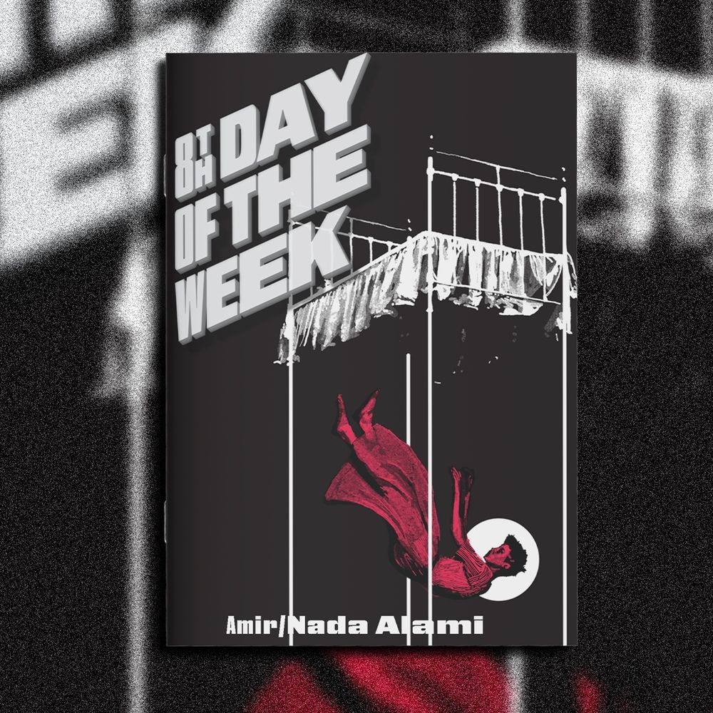 A book cover of a person falling from an elevated bed/ The person is in red compared to everything else being white and black. The title is '8th Day of the Week' and says 'Nada/Amir' as the author