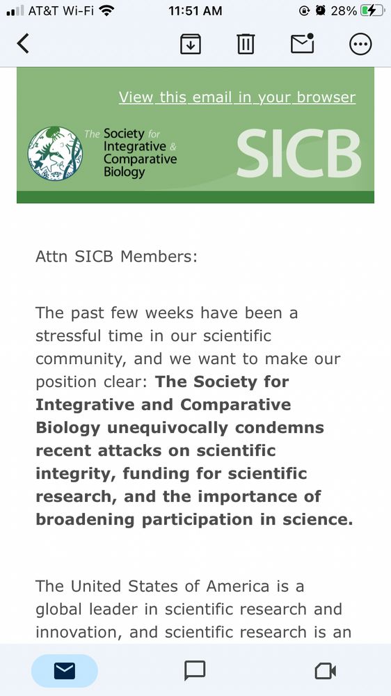 A portion of the Statement from the society for integrative and comparative biology reading: “The past few weeks have been a stressful time in our scientific community, and we want to make our position clear: The Society for Integrative and Comparative Biology unequivocally condemns recent attacks on scientific integrity, funding for scientific research, and the importance of broadening participation in science.”