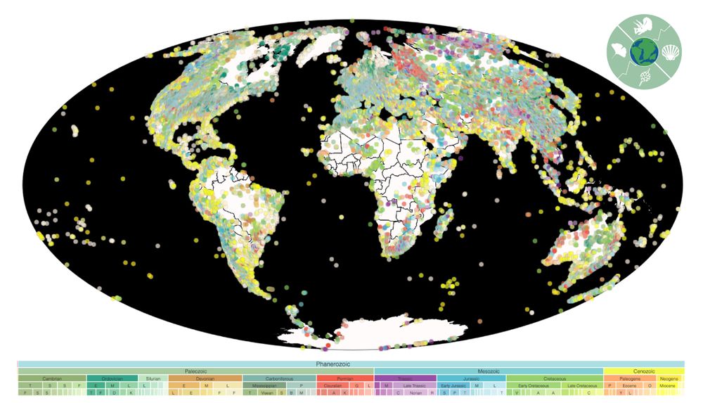 Image of the world showing fossil occurrences recorded in the Paleobiology Database as coloured dots with a geological timescale at the bottom