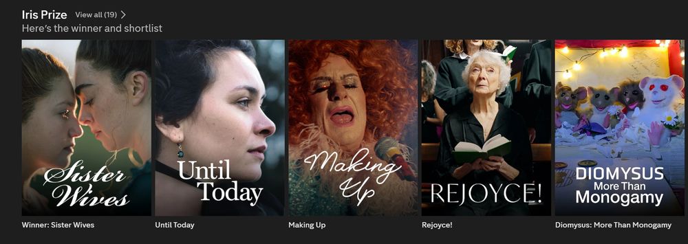 A screen shot of the Channel 4 website, showing some of the Best British films available to stream - featured is the 2024 Winner Sister Wives, Until Today, Making Up, Rejoyce!, and Diomysus: More Than Monogamy. Each film has a tile with a still from the film.