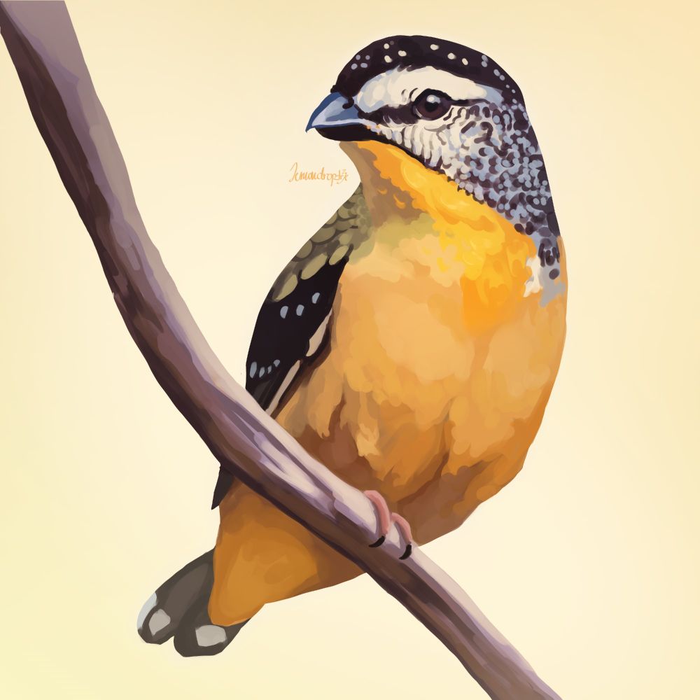 spotted pardalote gynandromorph (half female and half male plumage) sitting on a branch, looking to the left, with a bright background