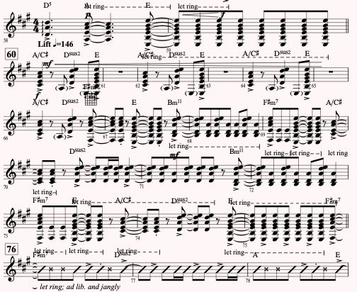 horrible mess of guitar notation all overlapping