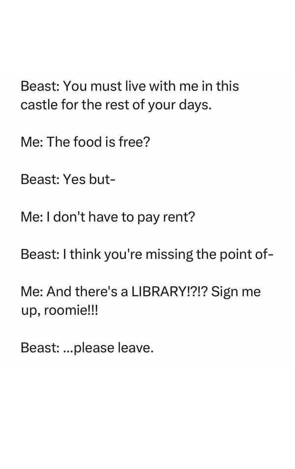 A meme about Belle from Disney and how awesome the Beast’s house is with that huge library. 