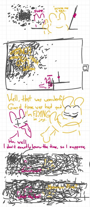 Gourmand takes note of the huge swarms of flies on and in the vulture behind Hunter so he excuses himself for a second, going over there and crushing the skeleton.
He comes back dusting his hands to Hunter informing him that it's late and that he should be all good to leave before the swarms of flies scatter everywhere in the shelter, covering them almost entirely.
Gourmand says it's Neuron Flies which is supposedly a good thing.