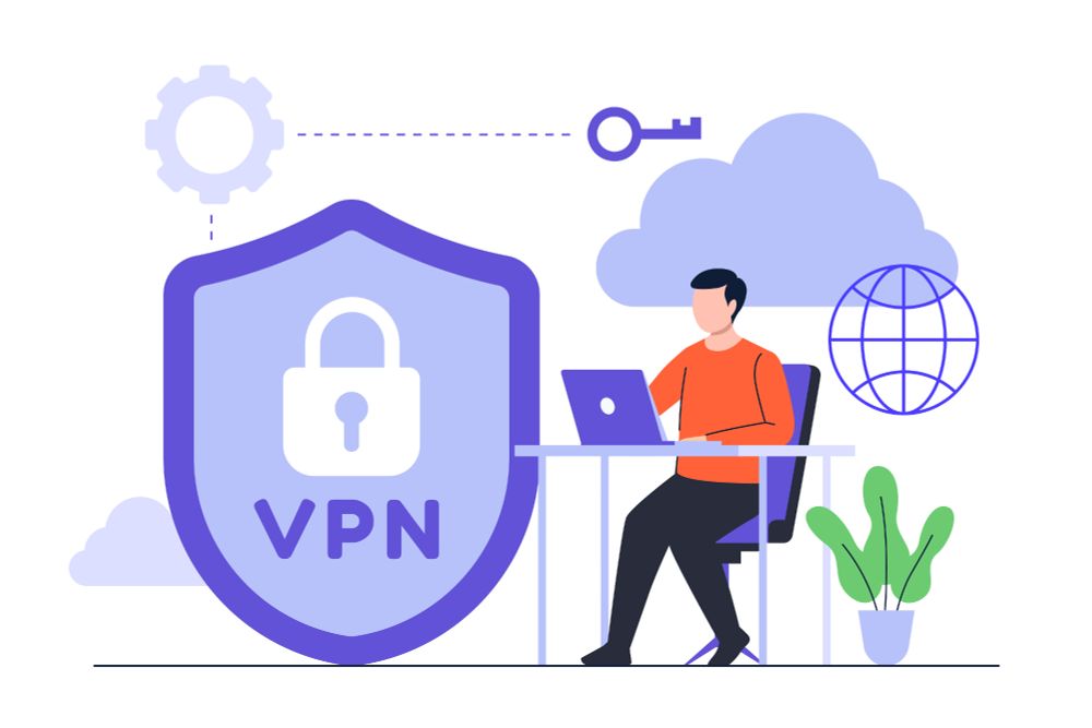 A lock with a VPN and a person working on their desk with a laptop next to a plant