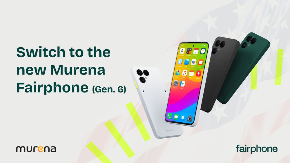 Four Murena Fairphones (Gen. 6) with a nearly transparent US flag behind them