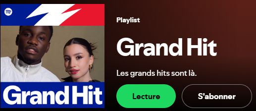 Screen d'une playlist de l'été de Spotify, titrée "Grand Hit", avec comme illustration deux personnes encadrées par du bleu blanc rouge évoquant clairement le drapeau français