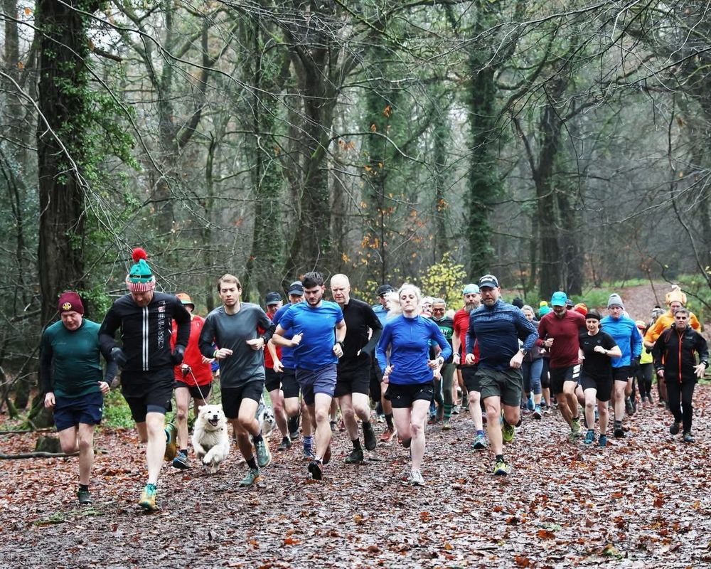 The start, with lots of runners wearing hats setting off into the forest. There were a lot of bobble hats, beanies and caps, several Santa hats and a turkey. 